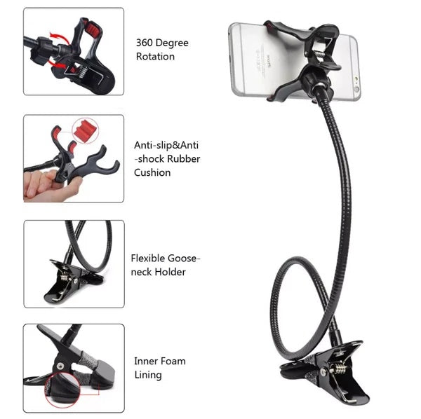 Flexible Gooseneck Phone Holder — 360° Adjustable Desk & Bed Mount for Streaming