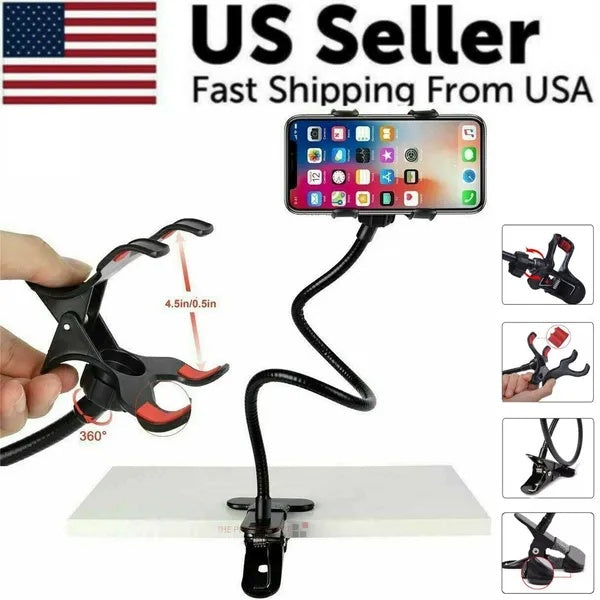 Flexible Gooseneck Phone Holder — 360° Adjustable Desk & Bed Mount for Streaming
