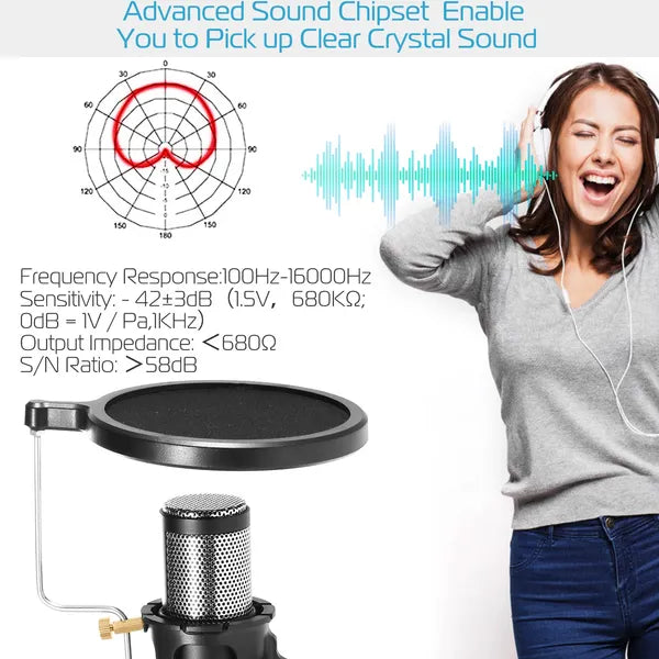 USB Condenser Microphone Kit — Studio Recording Mic with Pop Filter & Tripod for Streamers & Podcasters